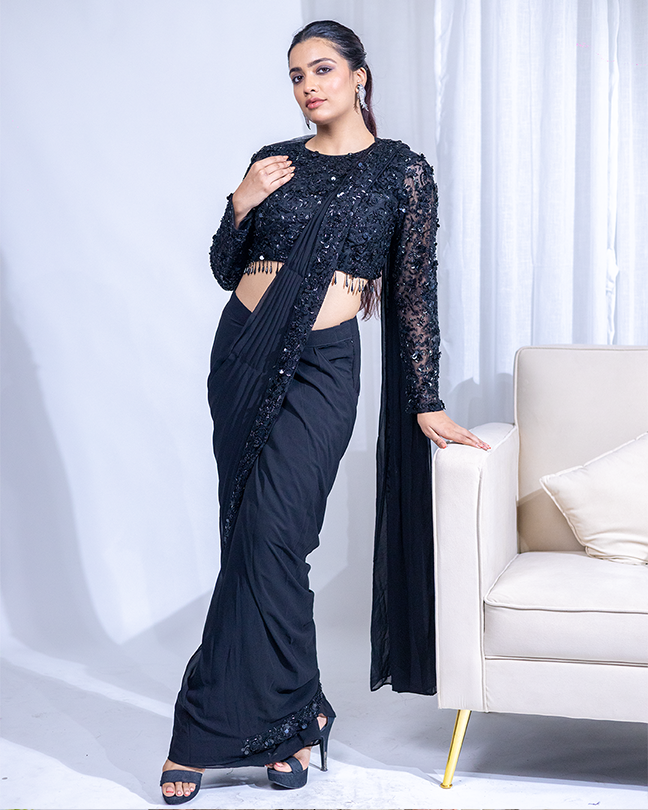 Pre-draped Black Saree