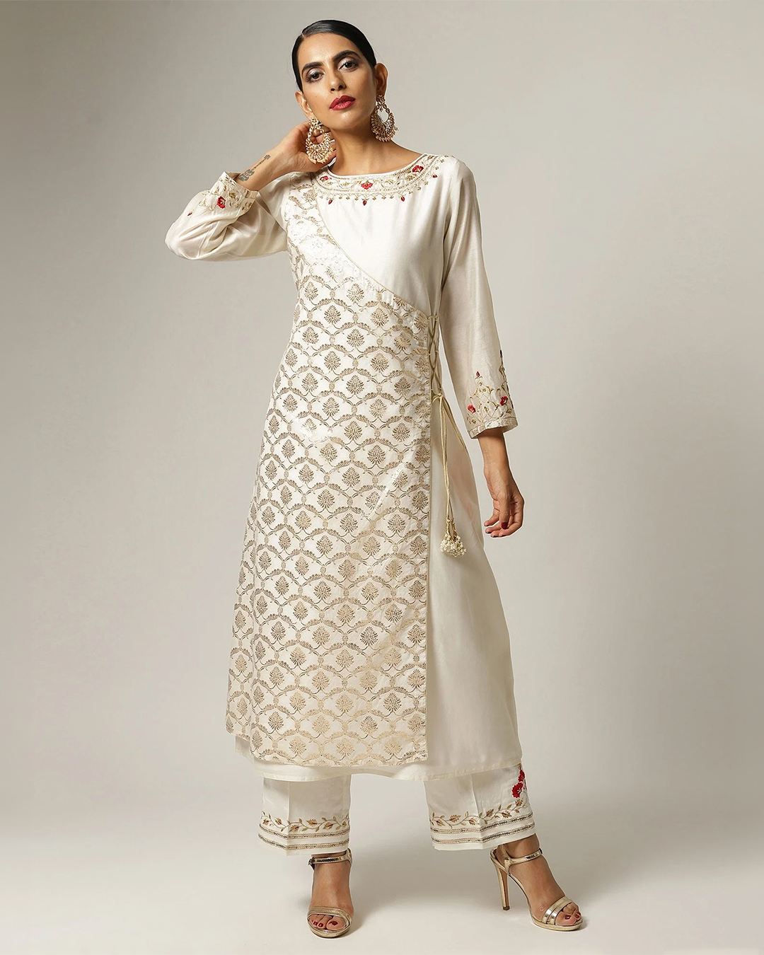 Off white Silk chanderi angrakha kurta with hand embroidery