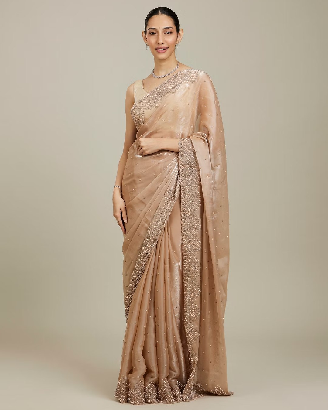 Beige Saree with Mirror Work