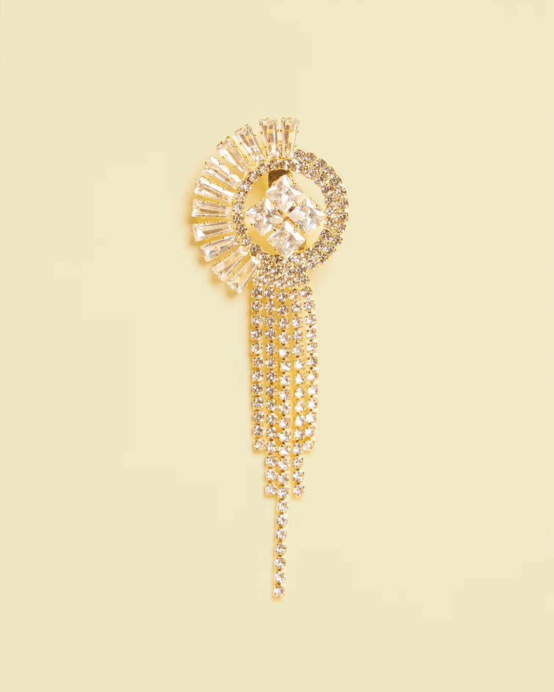 Golden Round Tassel Detailed Rhinestone Embellished Brooch