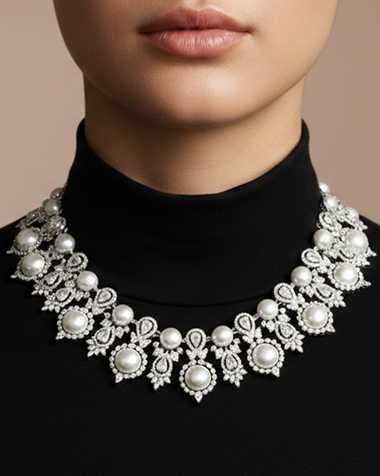 Elegant Pearl & American Diamond Statement Necklace Set