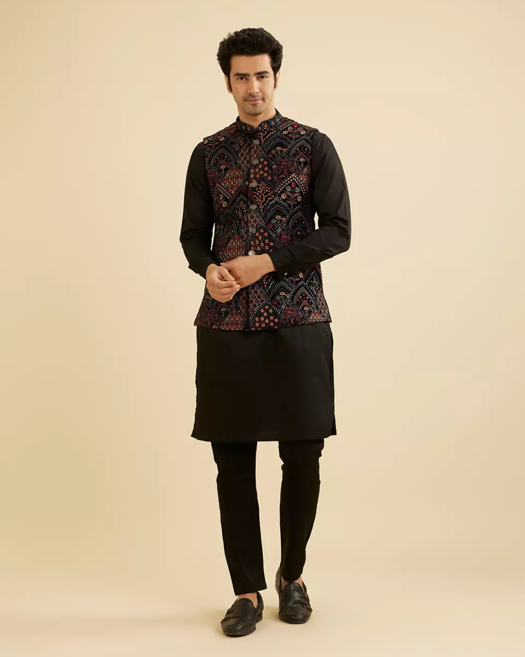 Black Fern Motifs in Fish Scale Pattern Nehru Jacket