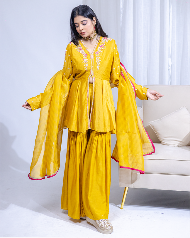 Mustard Embroidered Sharara Set with Dupatta