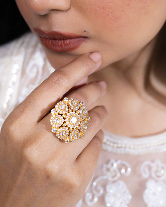 Gold tone Kundan Polki floral statement ring with CZ stones
