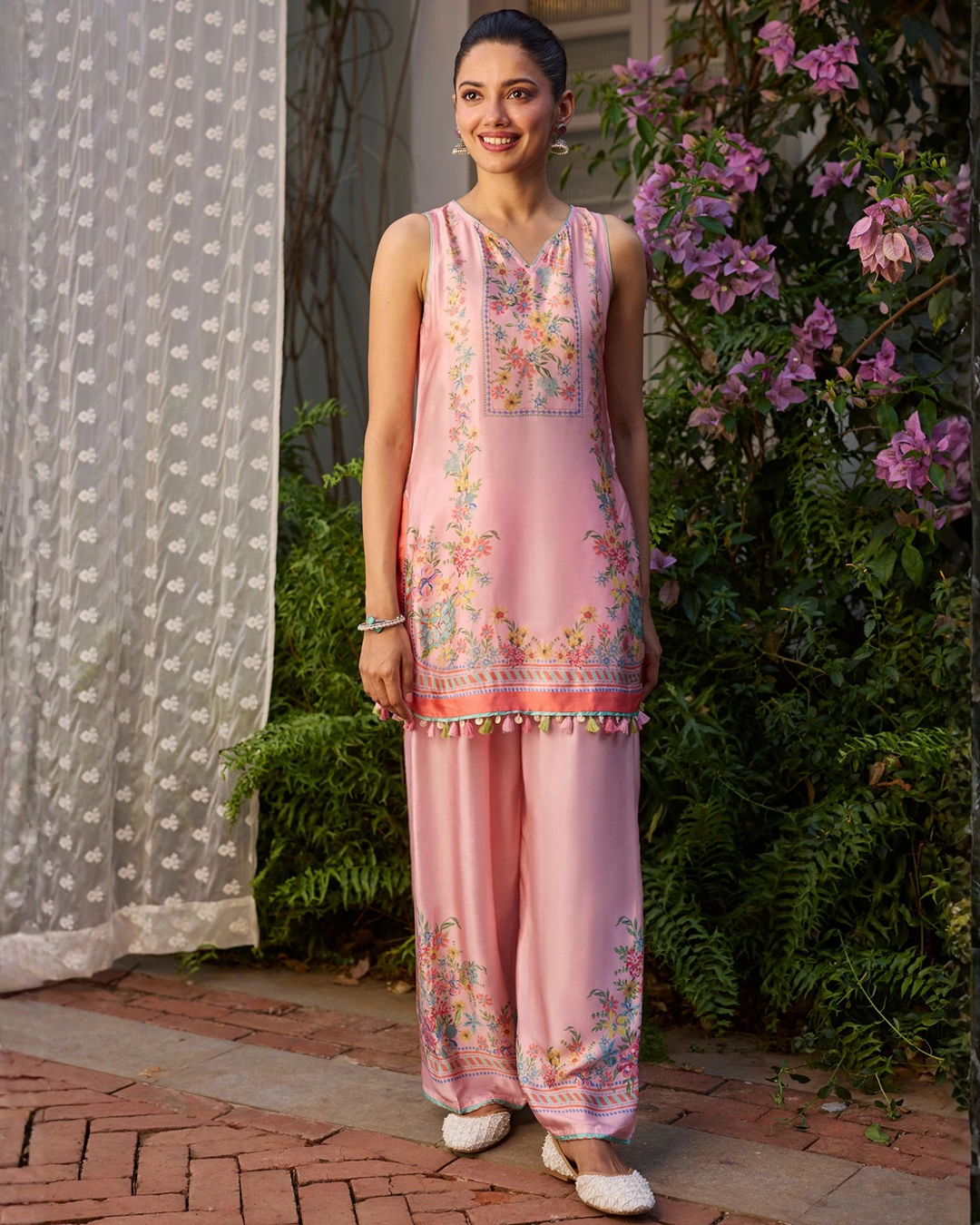 Zivae Cupro Satin Printed Pink Kurta With Farshi Salwar