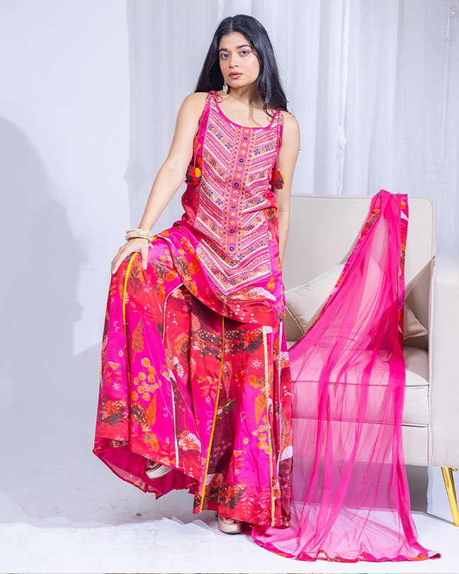 Pink tassled sharara set