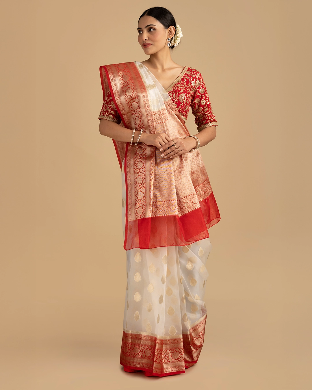 White - Red Kora Organza Silk Banarasi Handloom Saree