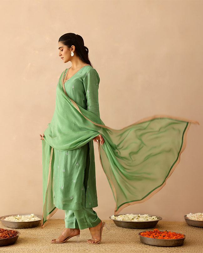 Green & Beige Peony Suit set