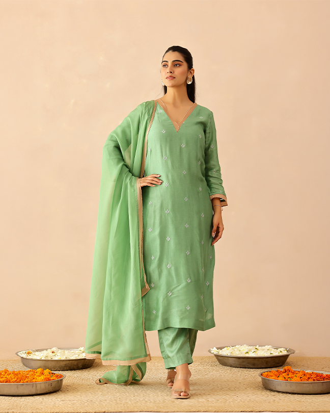 Green & Beige Peony Suit set