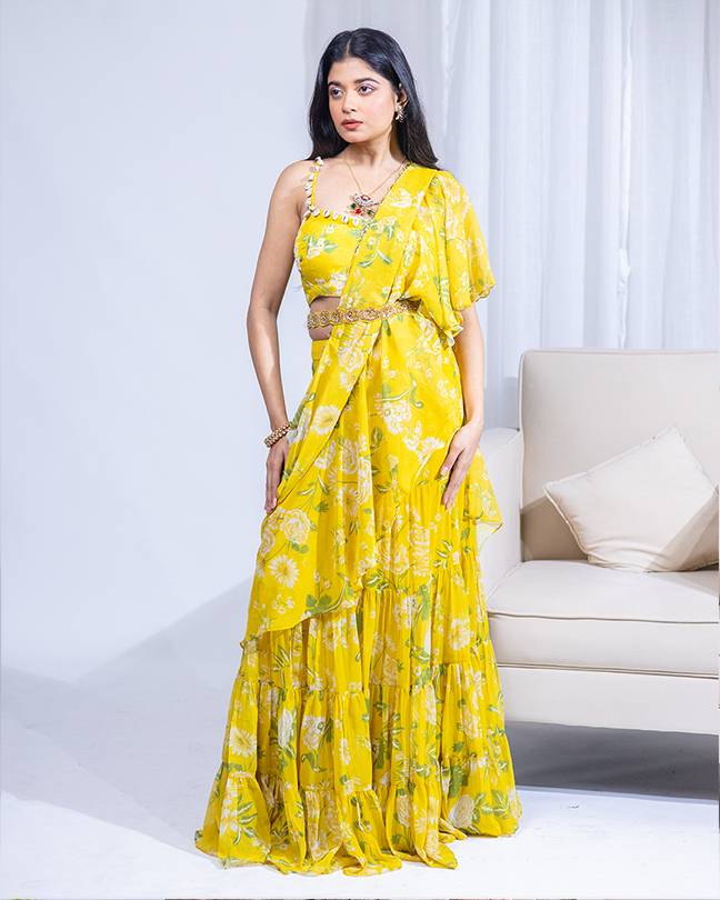  Printed Ruffled Saree with Tassels