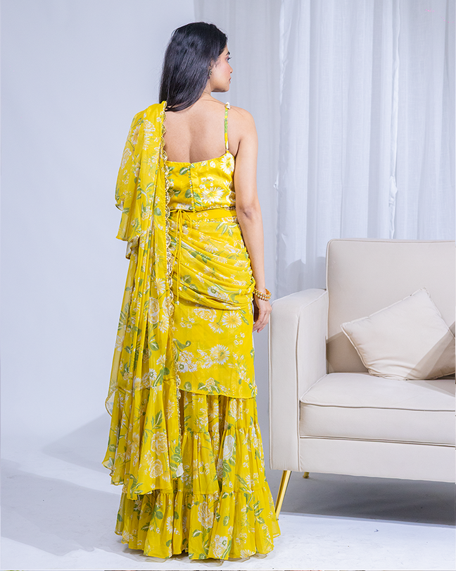  Printed Ruffled Saree with Tassels