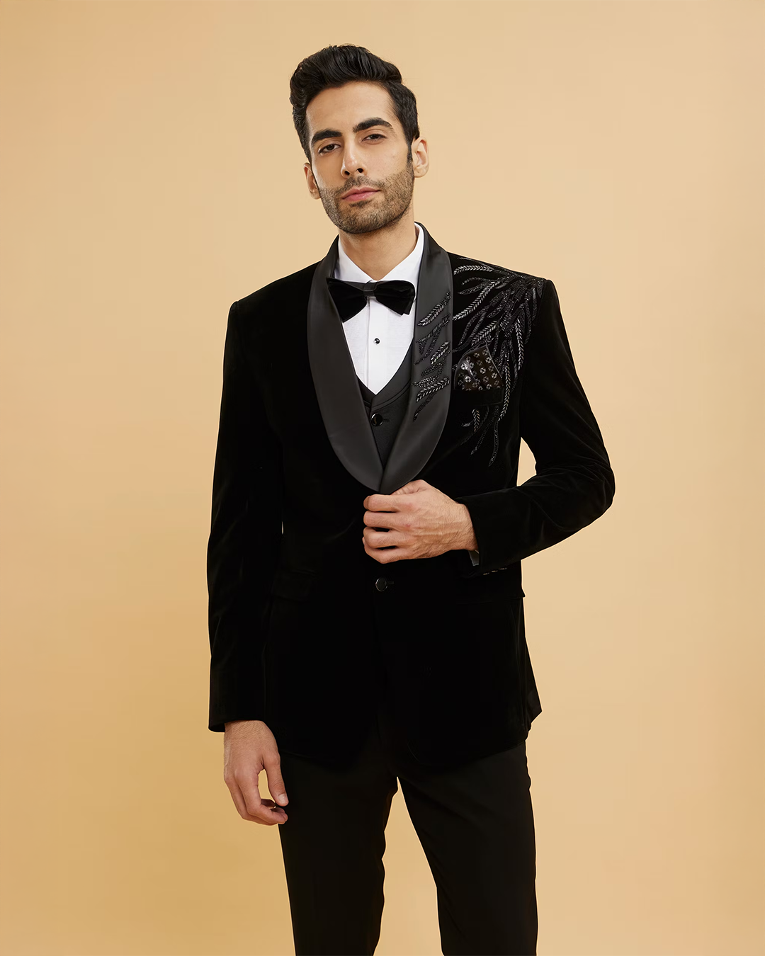 Midnight Black Shawl Collared Sequin Embellished Suit Set