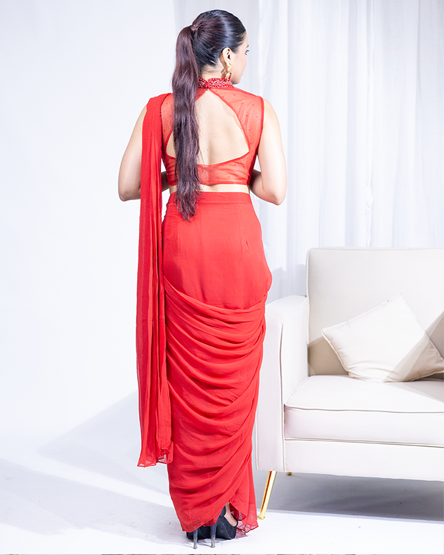 Pre-draped Red Saree