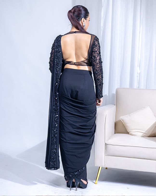 Pre-draped Black Saree