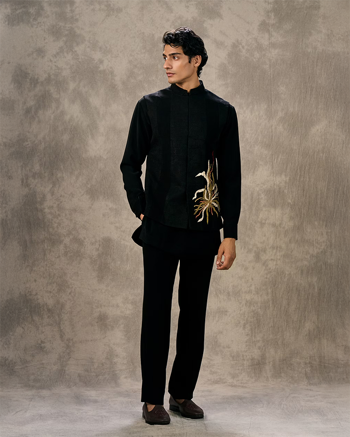 Twamev Men Black Kurta Jacket Set