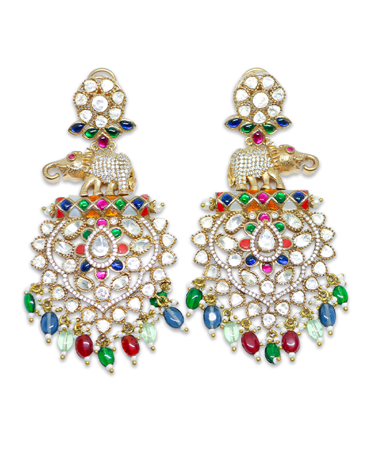 Royal Elephant Motif Kundan Polki Jhumka Earrings