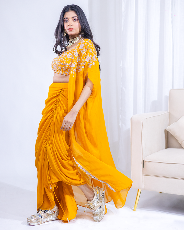 Yellow Draped Gown with Embellished Cape