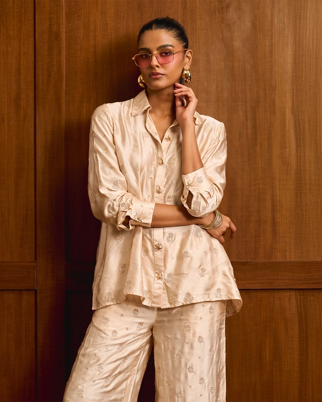 Santree Cupro Satin Champagne Shirt Set