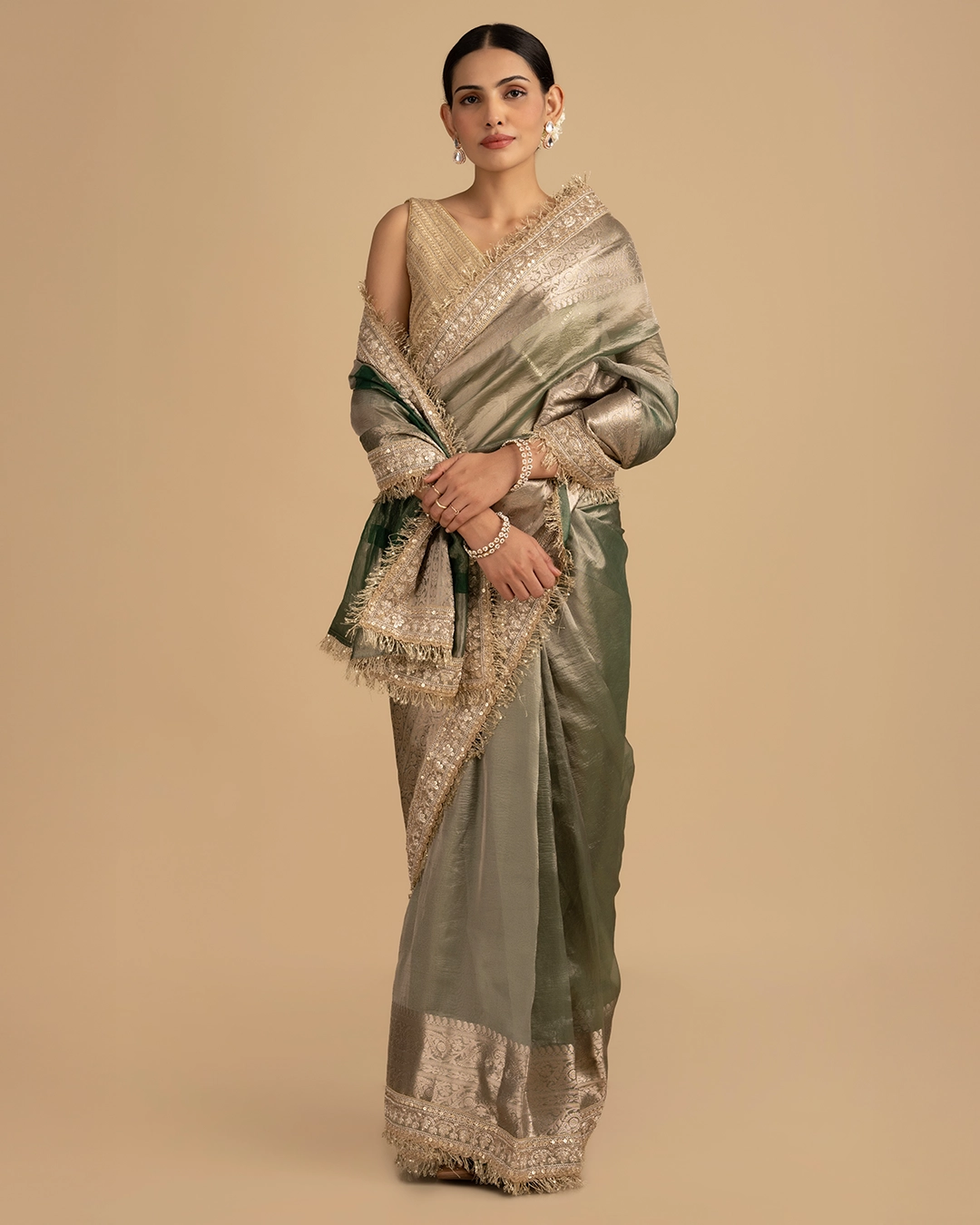 Green Shade Crushed Tissue Silk Banarasi handloom Saree