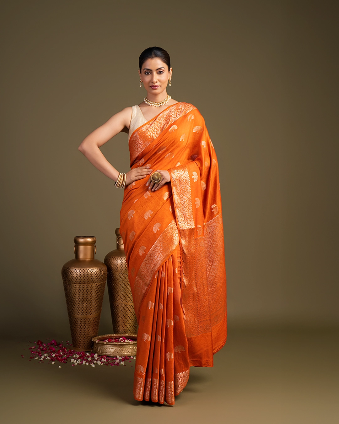 Orange Pure monga banarasi handloom saree