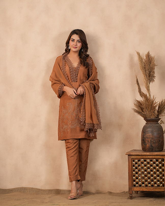 Brown Embroidered Suit set ( Set of 3 )