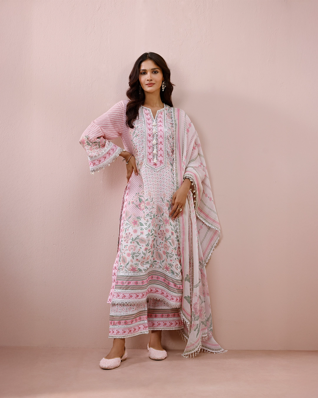 Olisha Lawn Off White & Pink Kurta Set